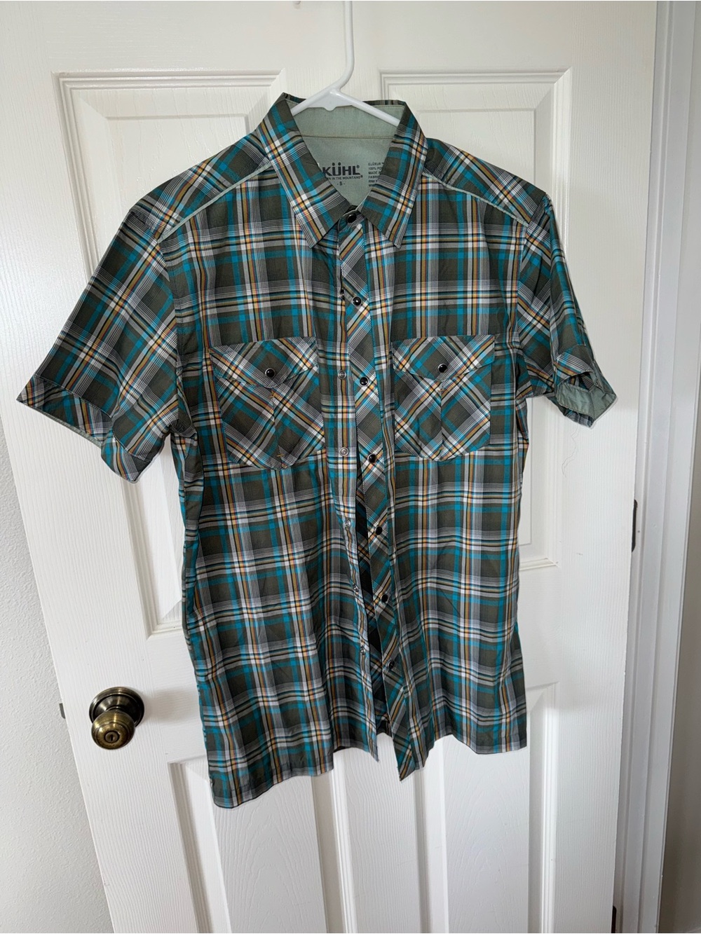 Kuhl Men's Teal and Gray Plaid Short-Sleeve Button Down Shirt